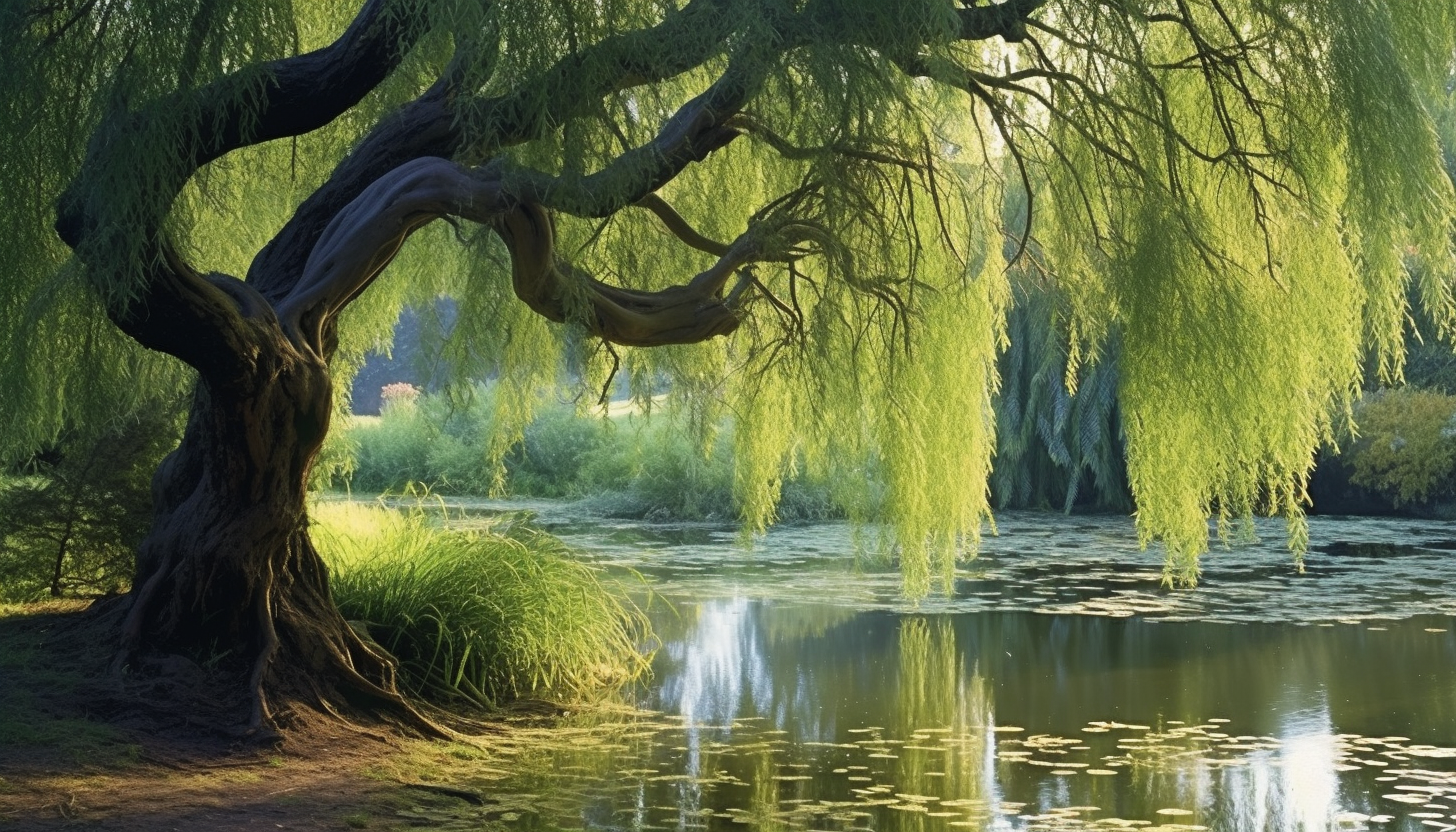 A graceful willow tree leaning over a tranquil pond.