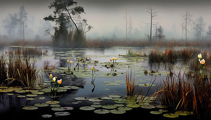 A misty marshland teeming with reeds and water lilies.