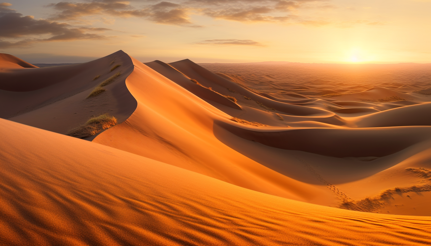 A sea of sand dunes glowing under a setting sun.