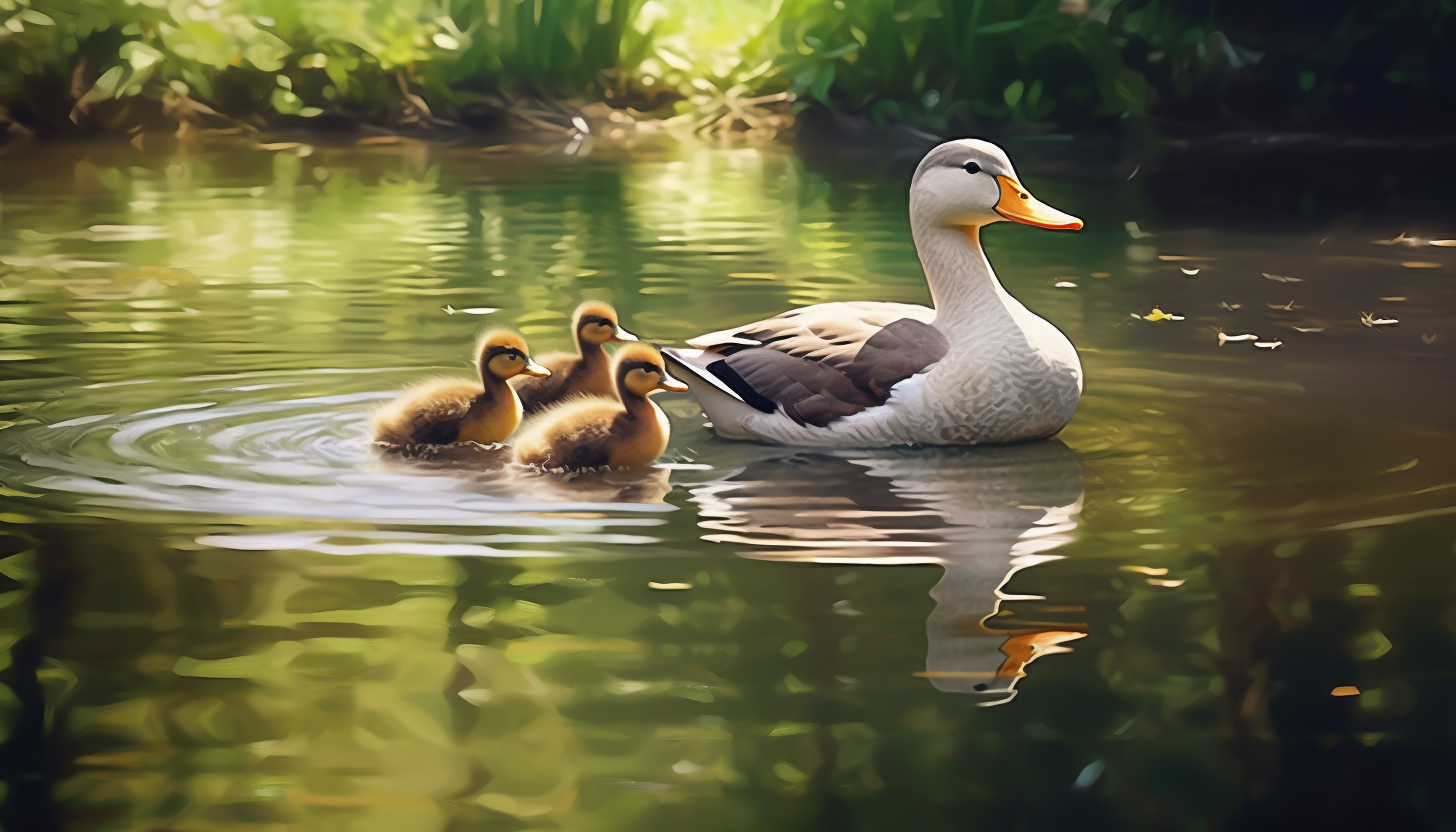 A family of ducks gliding peacefully across a pond.