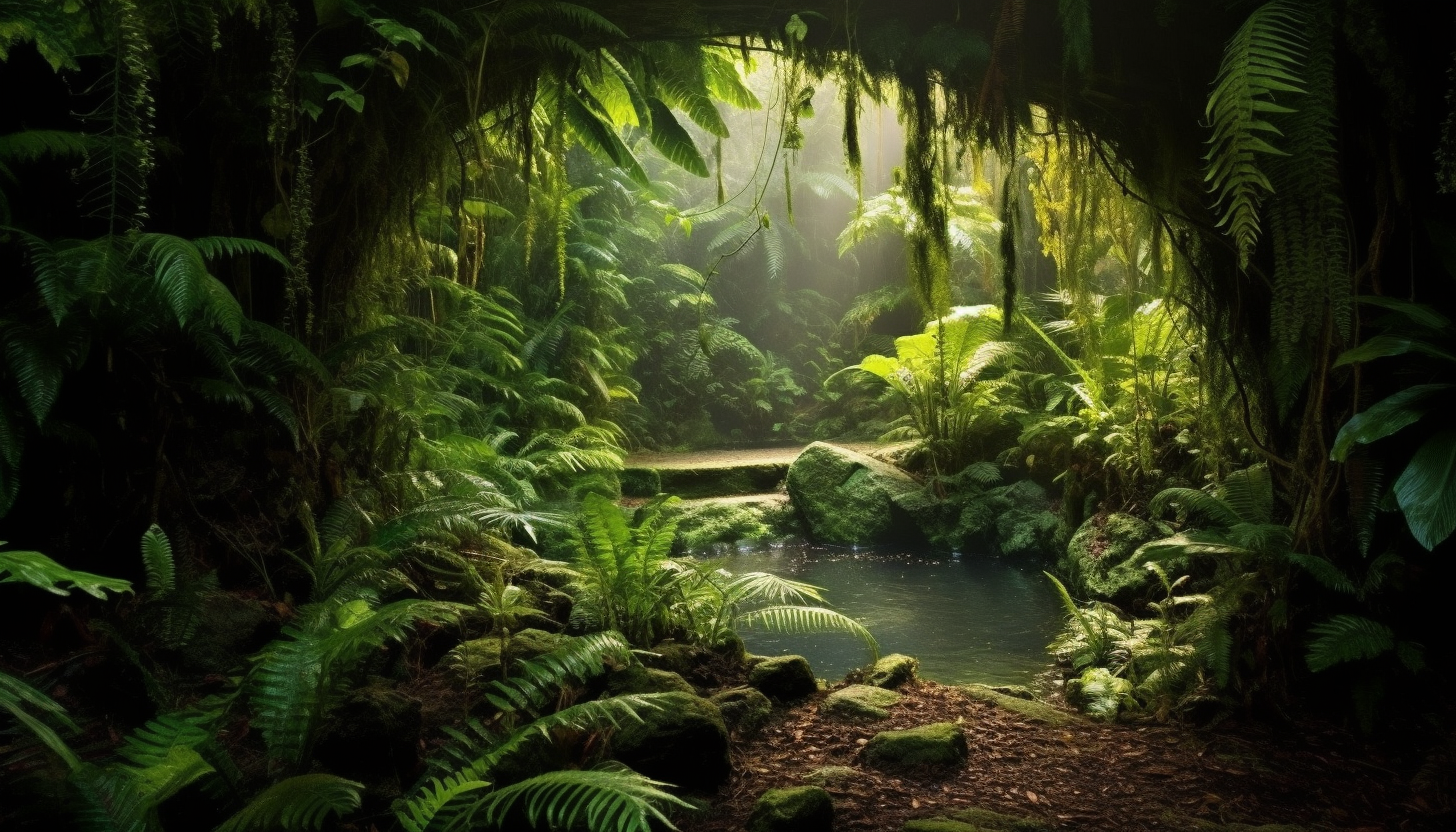 Lush fern grottos in a tropical rainforest.