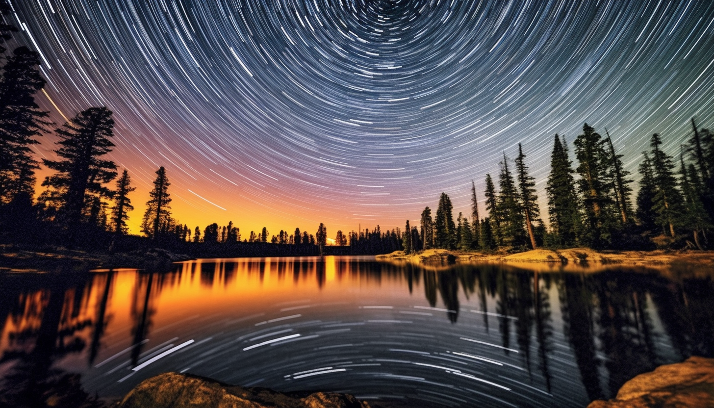 Star trails circling the night sky above a serene lake.