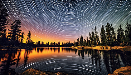 Star trails circling the night sky above a serene lake.