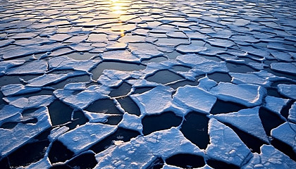 Ice patterns forming on the surface of a frozen lake.