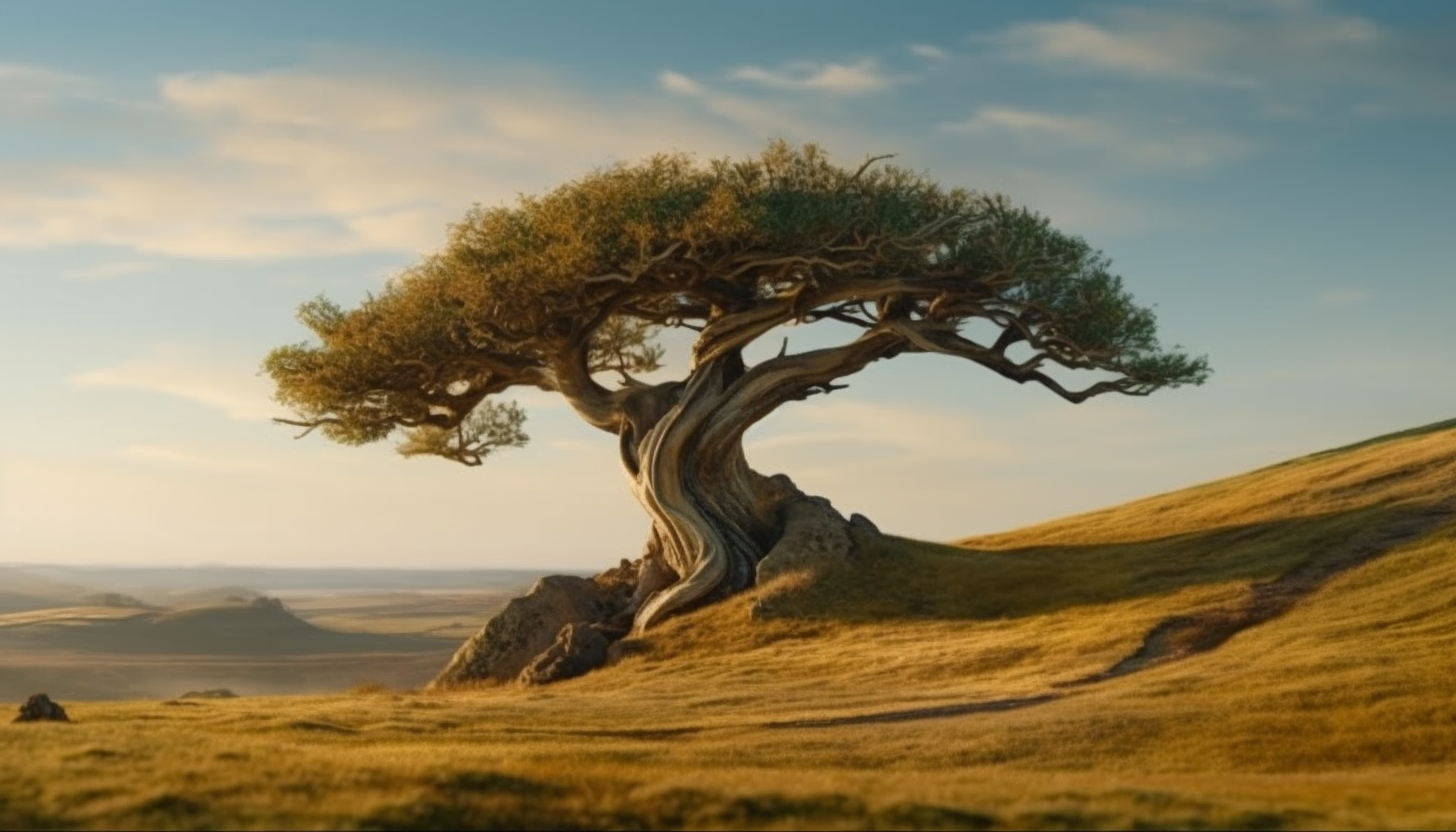An ancient, gnarled tree standing alone on a rolling hill.