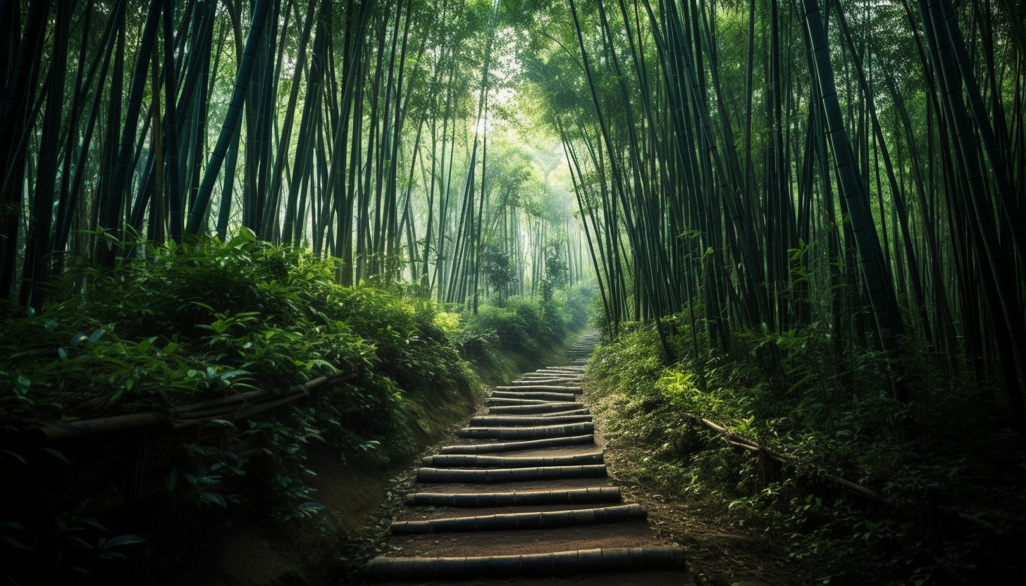 A mystical path winding through a bamboo forest.