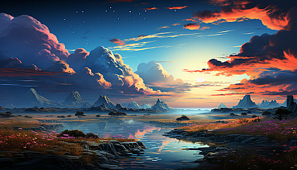 The surface of a distant, alien planet with brightly colored landforms and skies.