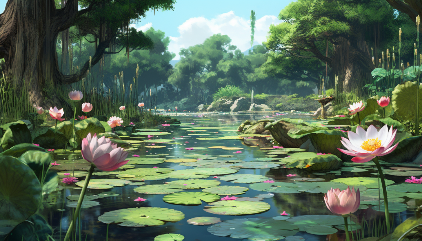 A tranquil lotus pond filled with blossoming flowers.