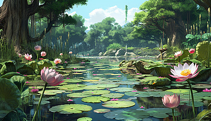 A tranquil lotus pond filled with blossoming flowers.