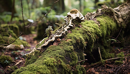 A fallen tree trunk overgrown with fungi and moss.