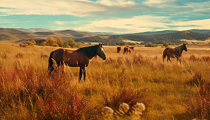 Wild horses grazing in an open meadow.