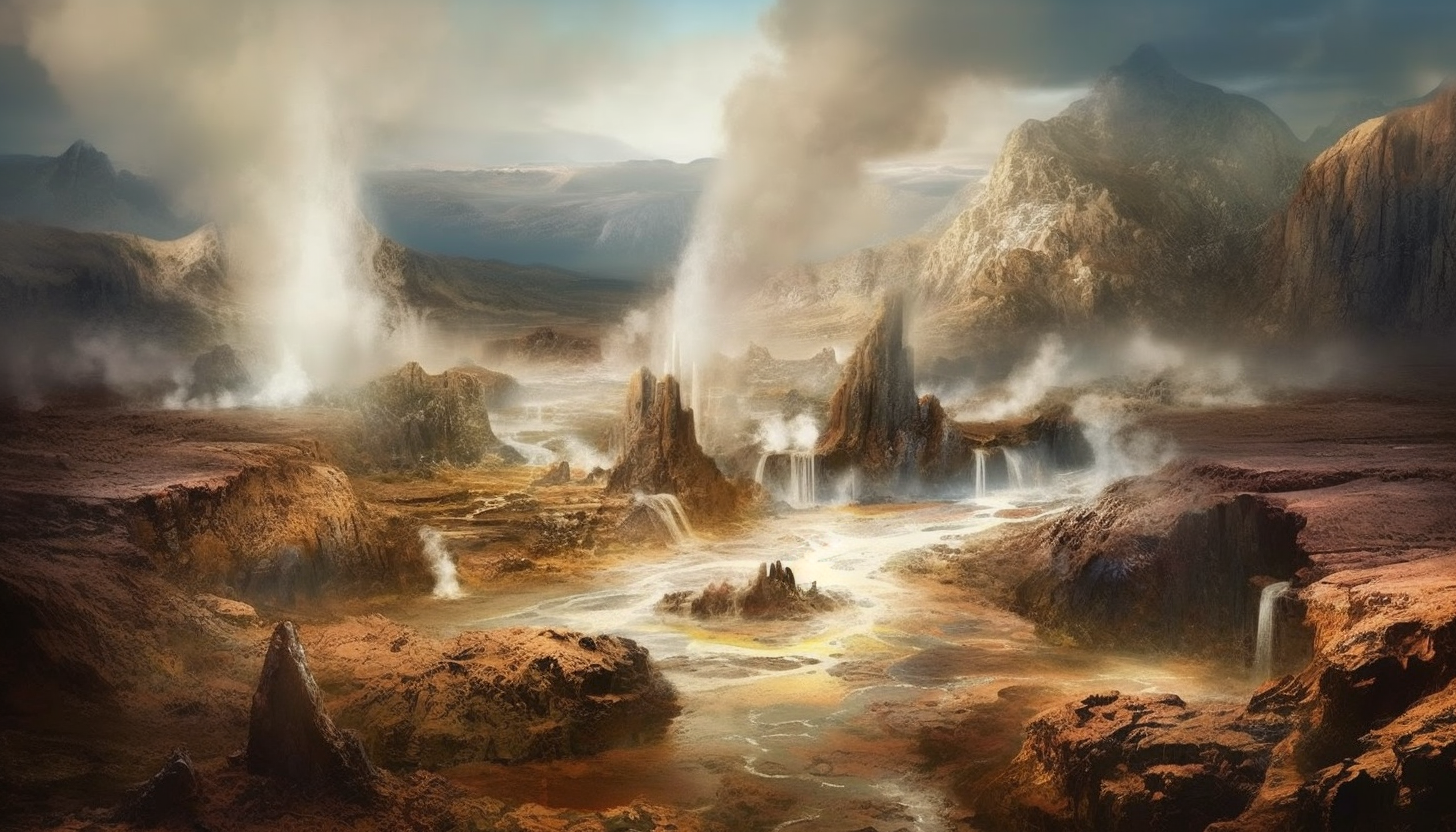 Geysers erupting amidst rugged terrain.