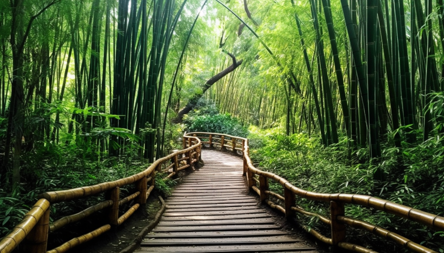 A winding path disappearing into a thick bamboo forest.