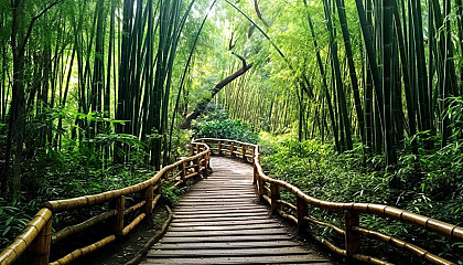 A winding path disappearing into a thick bamboo forest.