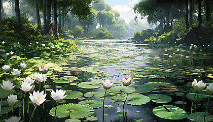 A tranquil pond filled with lotus flowers in full bloom.