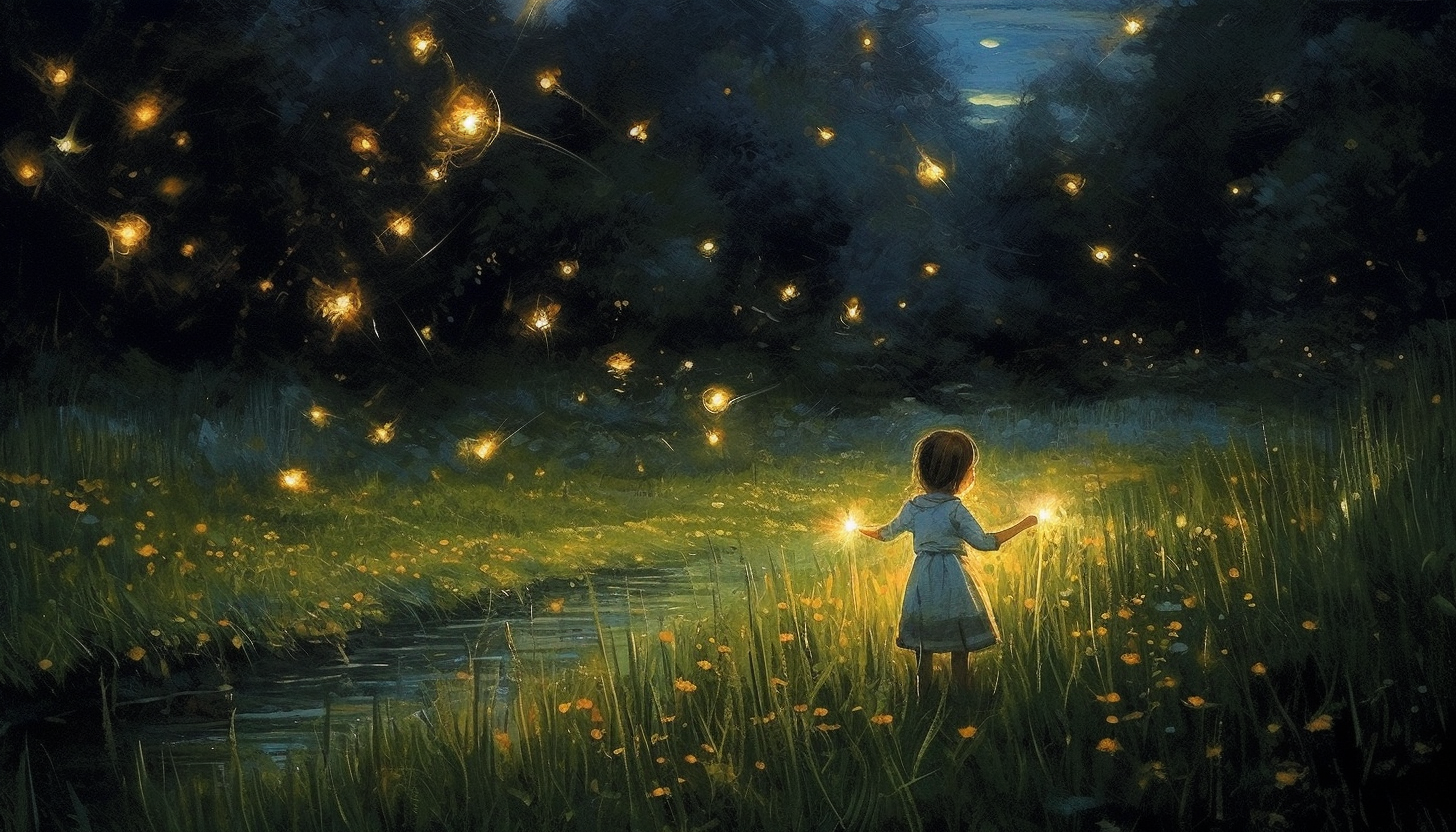 Fireflies illuminating a quiet summer night.