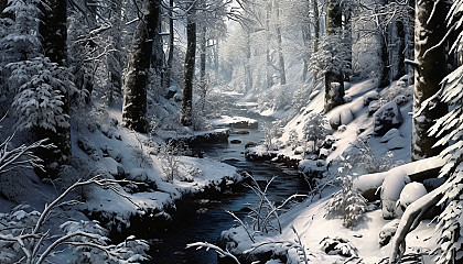 A forest blanketed in pristine, untouched snow.