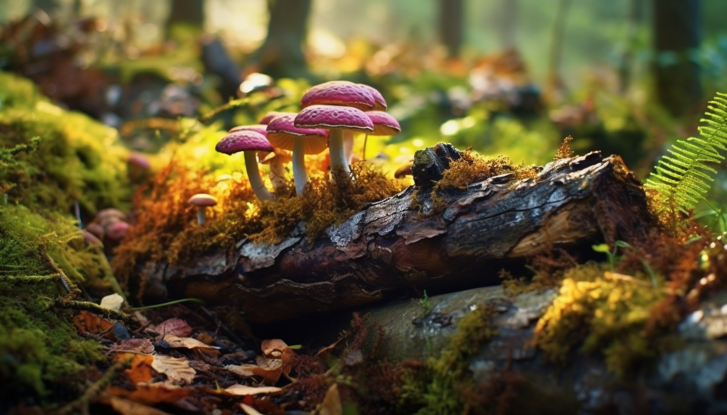 A fallen log covered with colorful fungi in a forest.