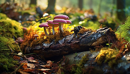 A fallen log covered with colorful fungi in a forest.