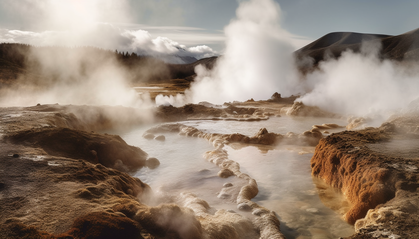 Steaming geysers erupting in a rugged geothermal landscape.