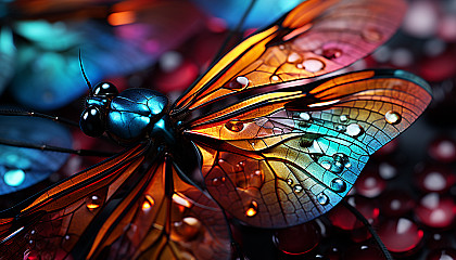 Brightly-colored insect wings with intricate patterns under high magnification.