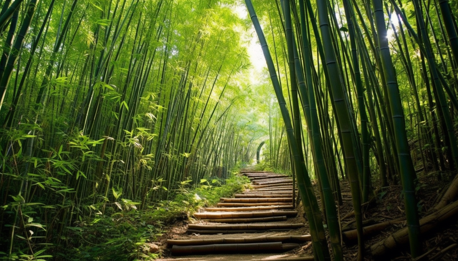 A narrow trail winding through a dense bamboo forest.