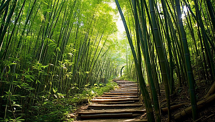 A narrow trail winding through a dense bamboo forest.