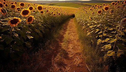 A winding path through a field of tall sunflowers.