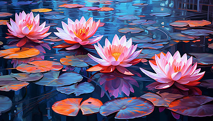 Exotic lotus flowers floating peacefully on a lily pond.