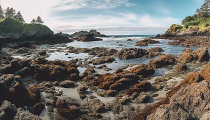 Rocky shores adorned with tide pools and sea life.