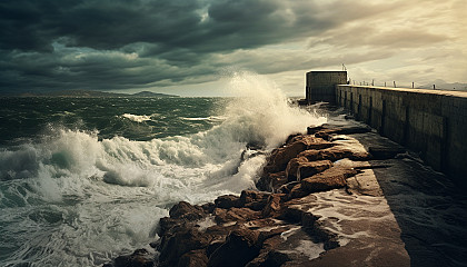 The dramatic clash of the sea with a breakwater.