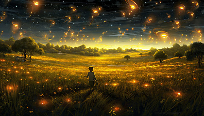 A field of fireflies lighting up a warm summer night.