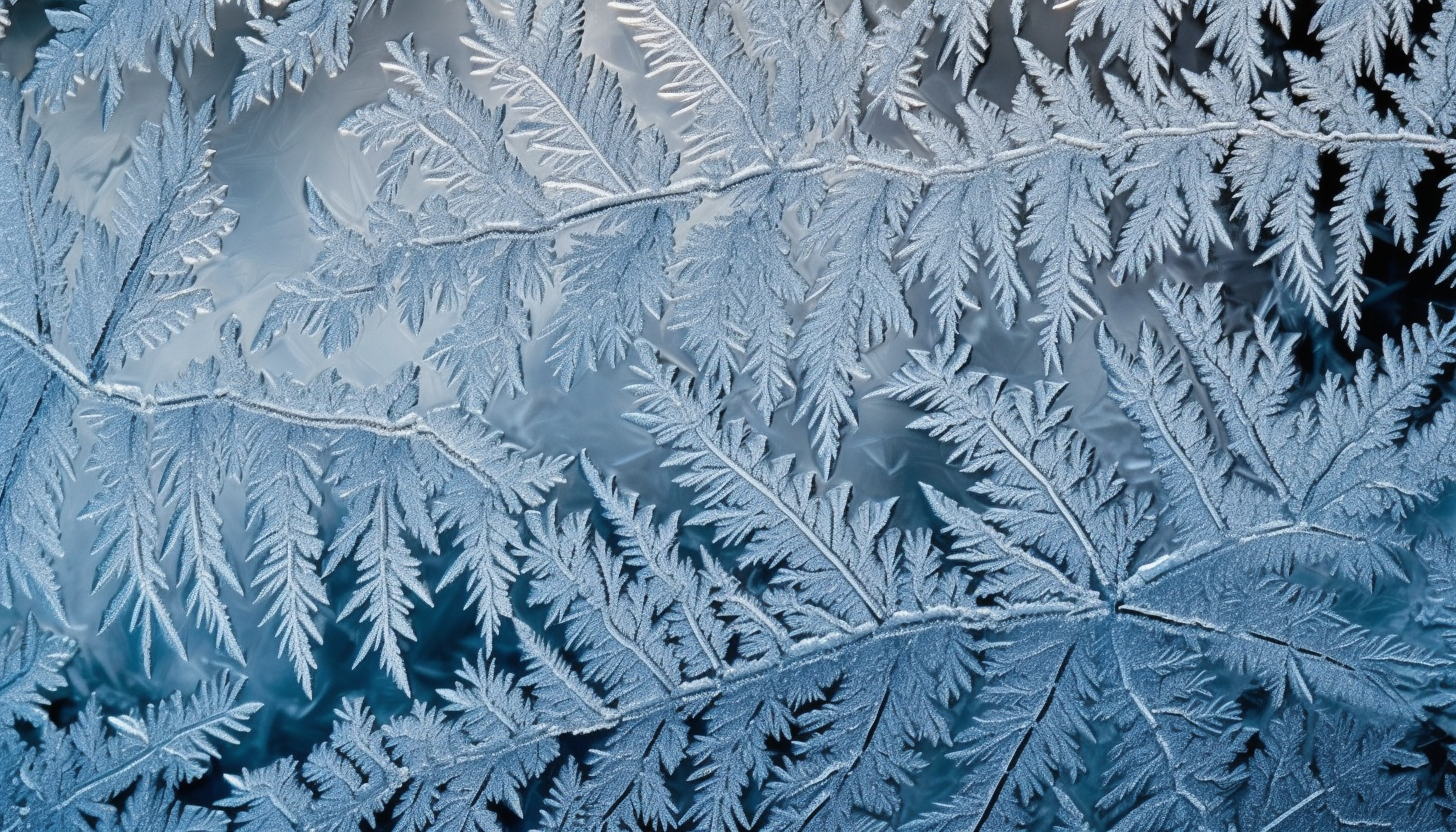 Intricate frost patterns on a window during a chilly winter morning.