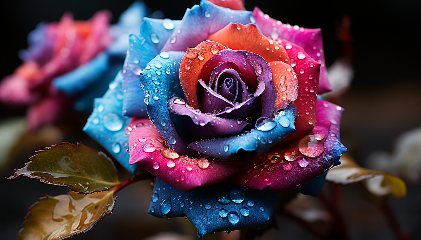 A macro shot of a dew-kissed rose with vivid colors.