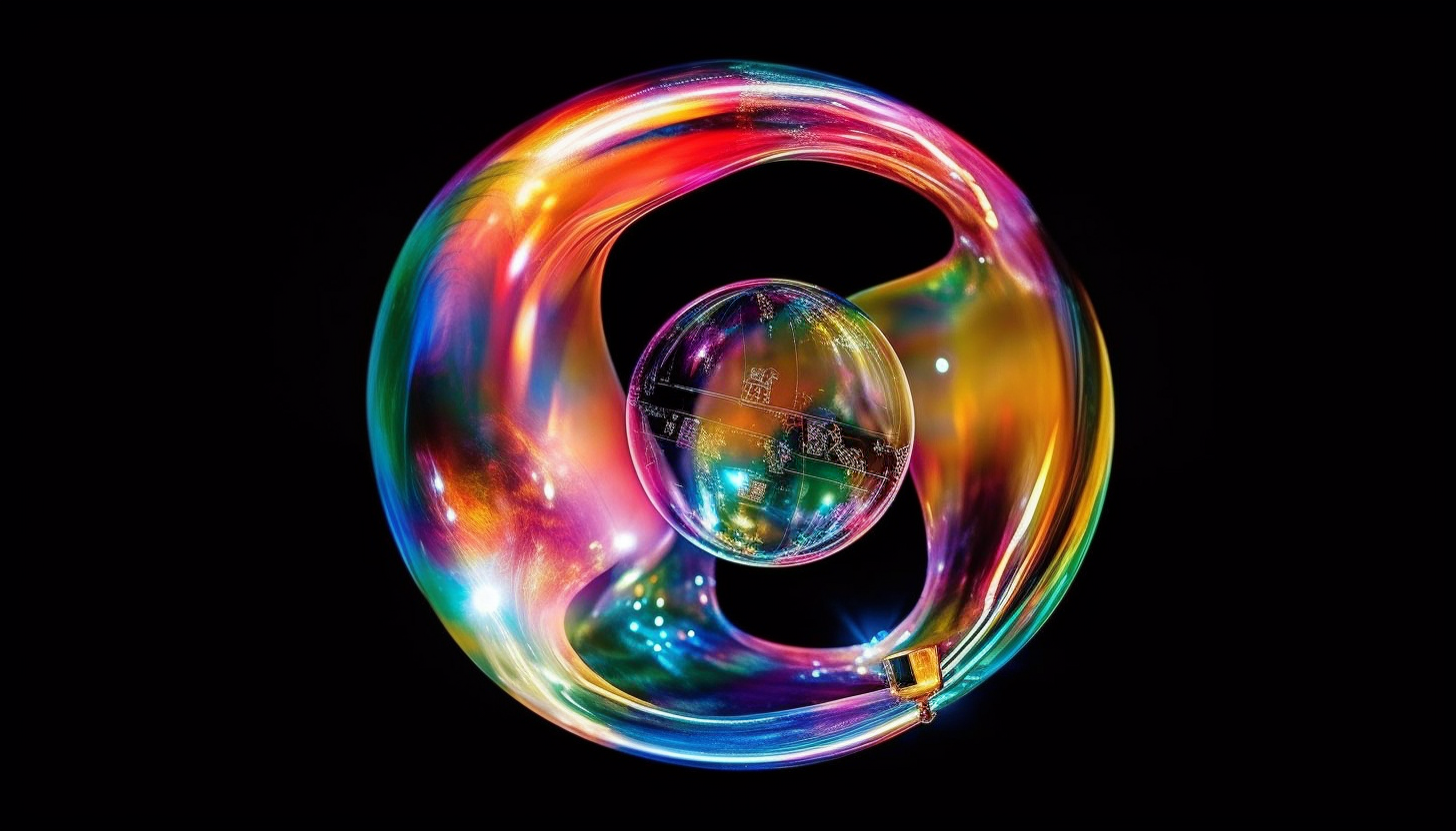 Prismatic colors in a soap bubble floating against a green backdrop.