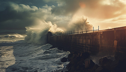 The dramatic clash of the sea with a breakwater.