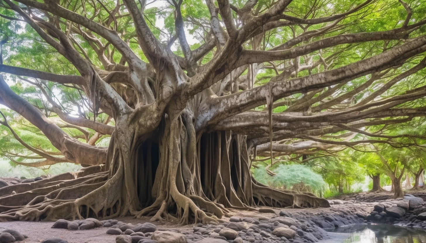 An ancient banyan tree spreading its roots and branches wide.