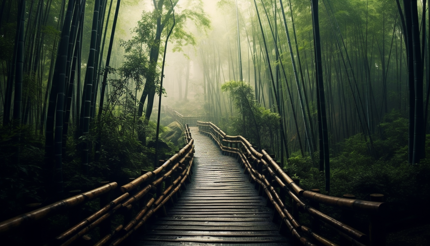 A mystical path winding through a bamboo forest.