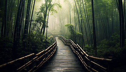 A mystical path winding through a bamboo forest.