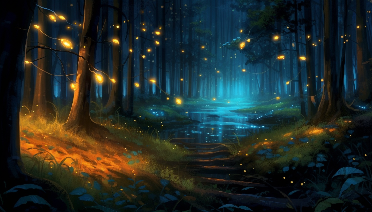 Fireflies twinkling at dusk in a quiet forest.