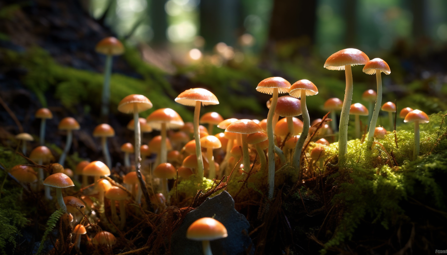 Mushroom clusters thriving in a dense forest floor.