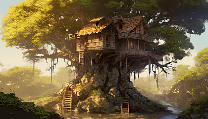 A sturdy treehouse nestled high in the branches of an ancient tree.