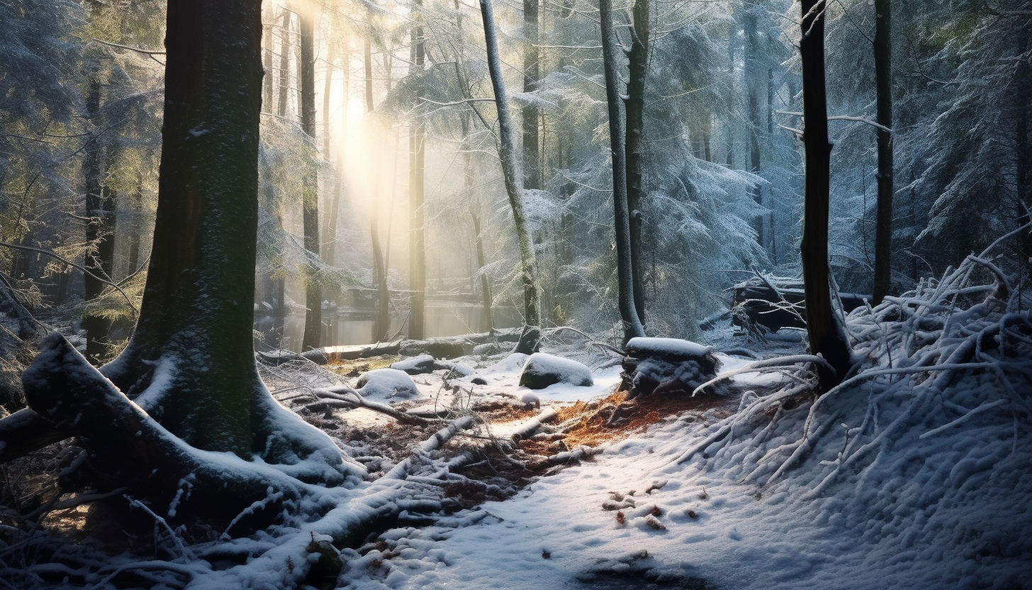 An undisturbed snowfall blanketing a peaceful forest.