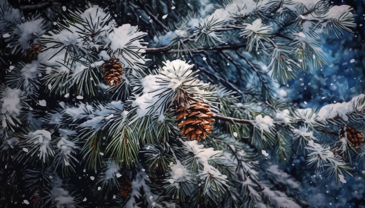 Snowflakes resting on a pine tree, transforming the landscape into a winter wonderland.