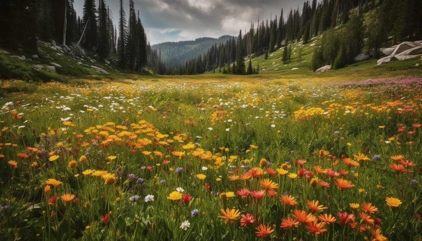 Picturesque meadows with a multitude of blooming wildflowers.