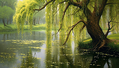 A tranquil pond reflecting a weeping willow in full bloom.
