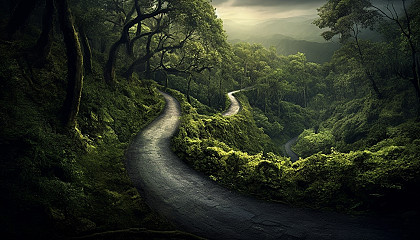 A long winding road through a dense forest.