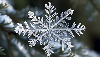Snowflakes delicately balancing on pine needles.