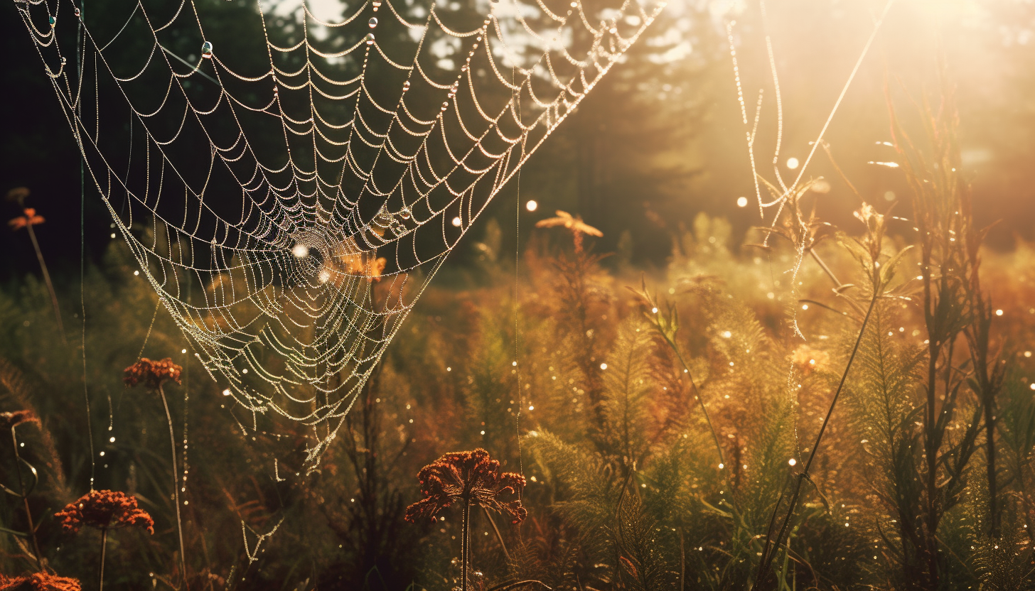 Dew-covered spiderwebs glistening in the morning sun.