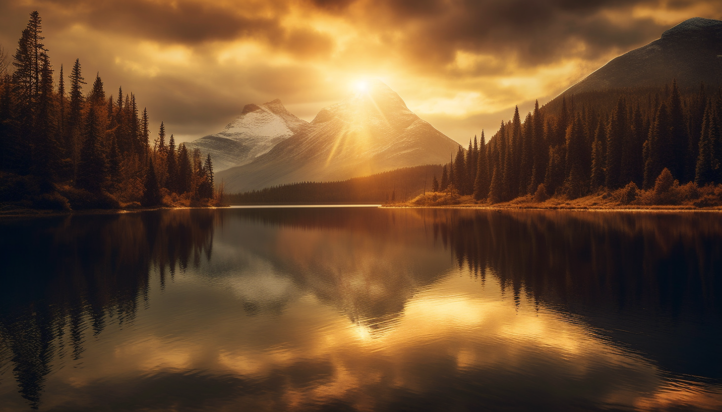 Sunlight reflecting off a placid mountain lake.